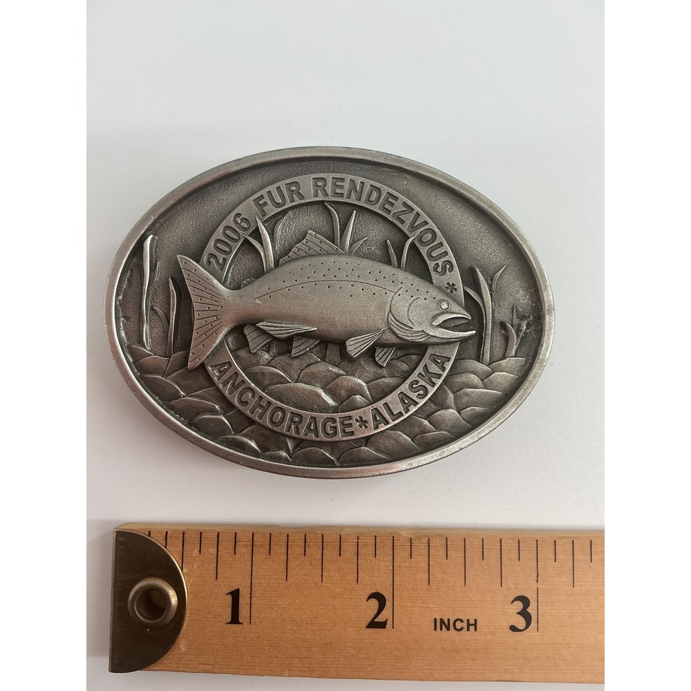 2006 Fur Rendezvous Anchorage Alaska Belt Buckle Trout Fish GAI Pewter Tone